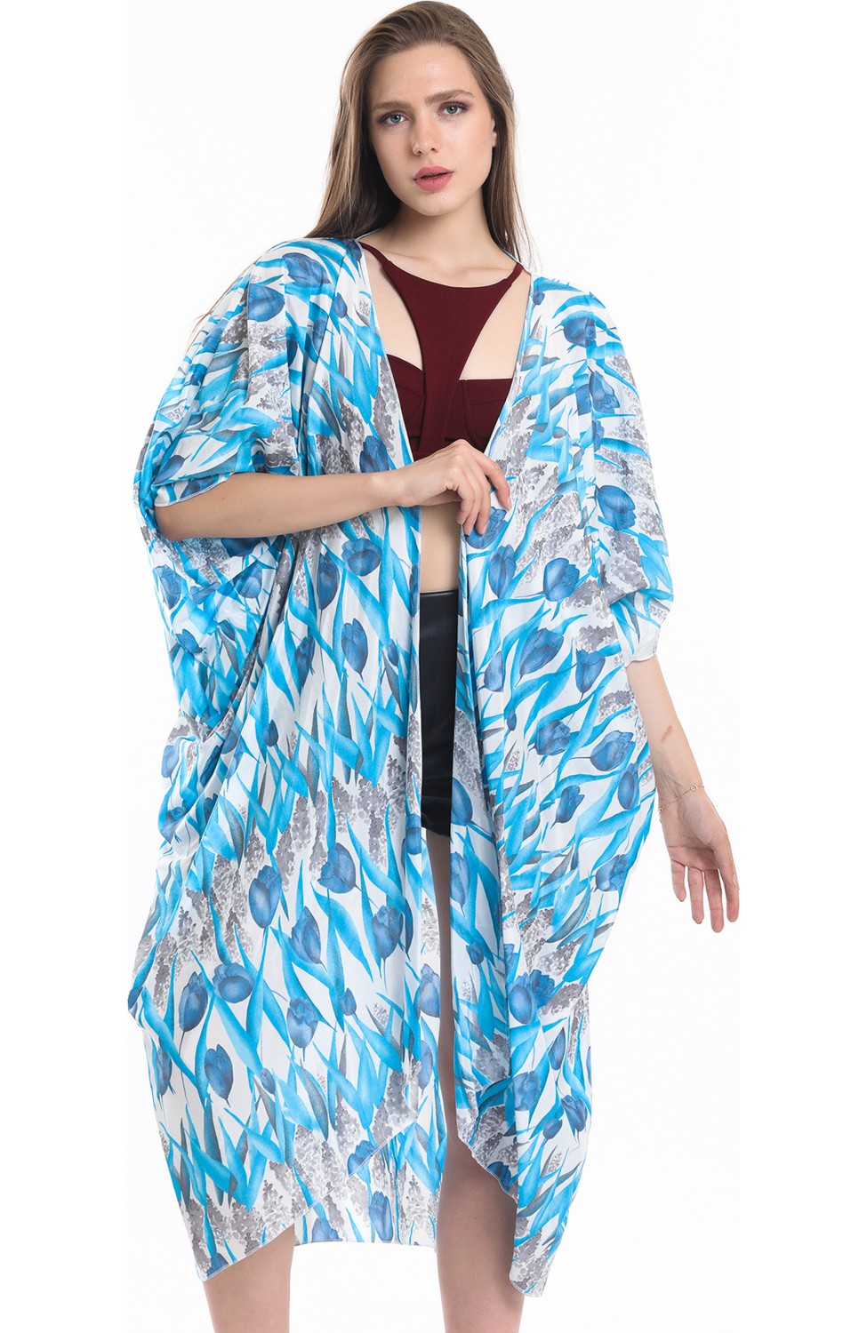 Sense Şifon Plaj Kimono | ELB33597 Lale Des.mavi görsel 8