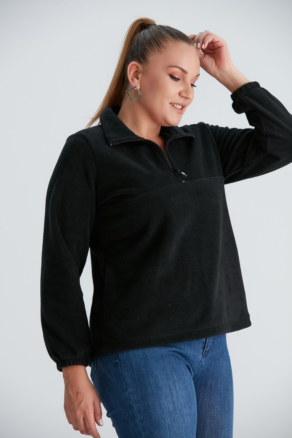 Rmg Kolları Lastikli Büyük Beden Siyah Polar Sweatshirt görsel 2