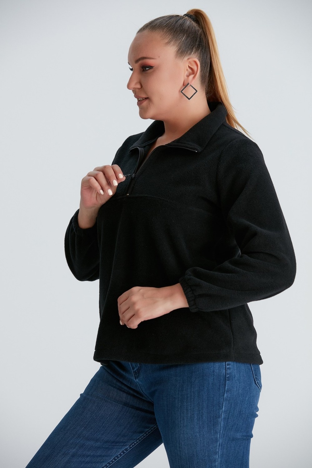 Rmg Kolları Lastikli Büyük Beden Siyah Polar Sweatshirt görsel 3