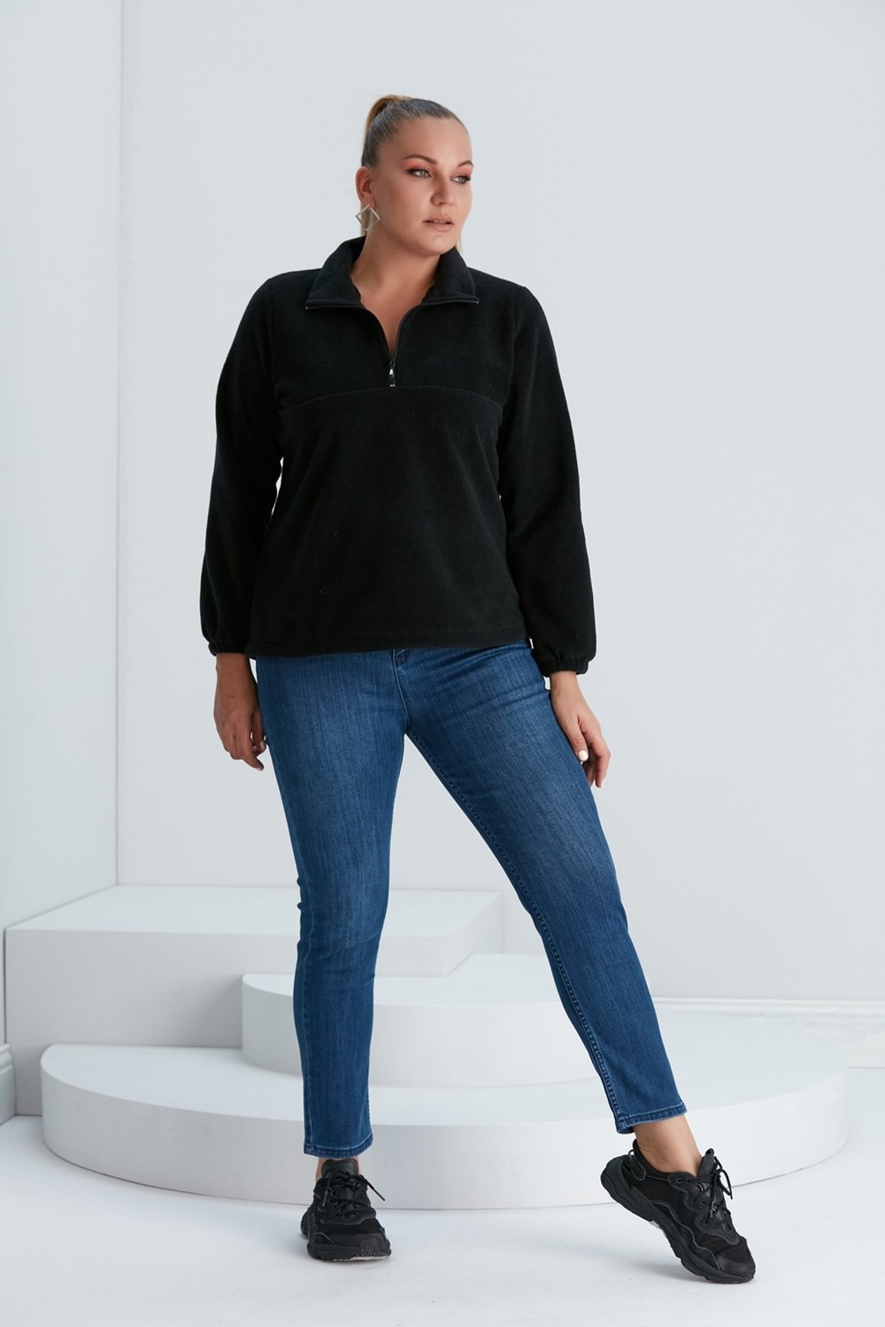 Rmg Kolları Lastikli Büyük Beden Siyah Polar Sweatshirt görsel 4