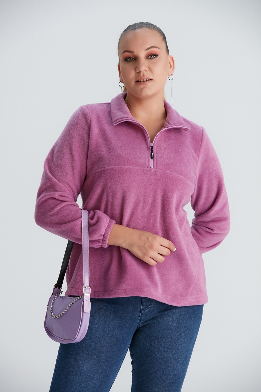 Rmg Kolları Lastikli Büyük Beden Siyah Polar Sweatshirt görsel 6