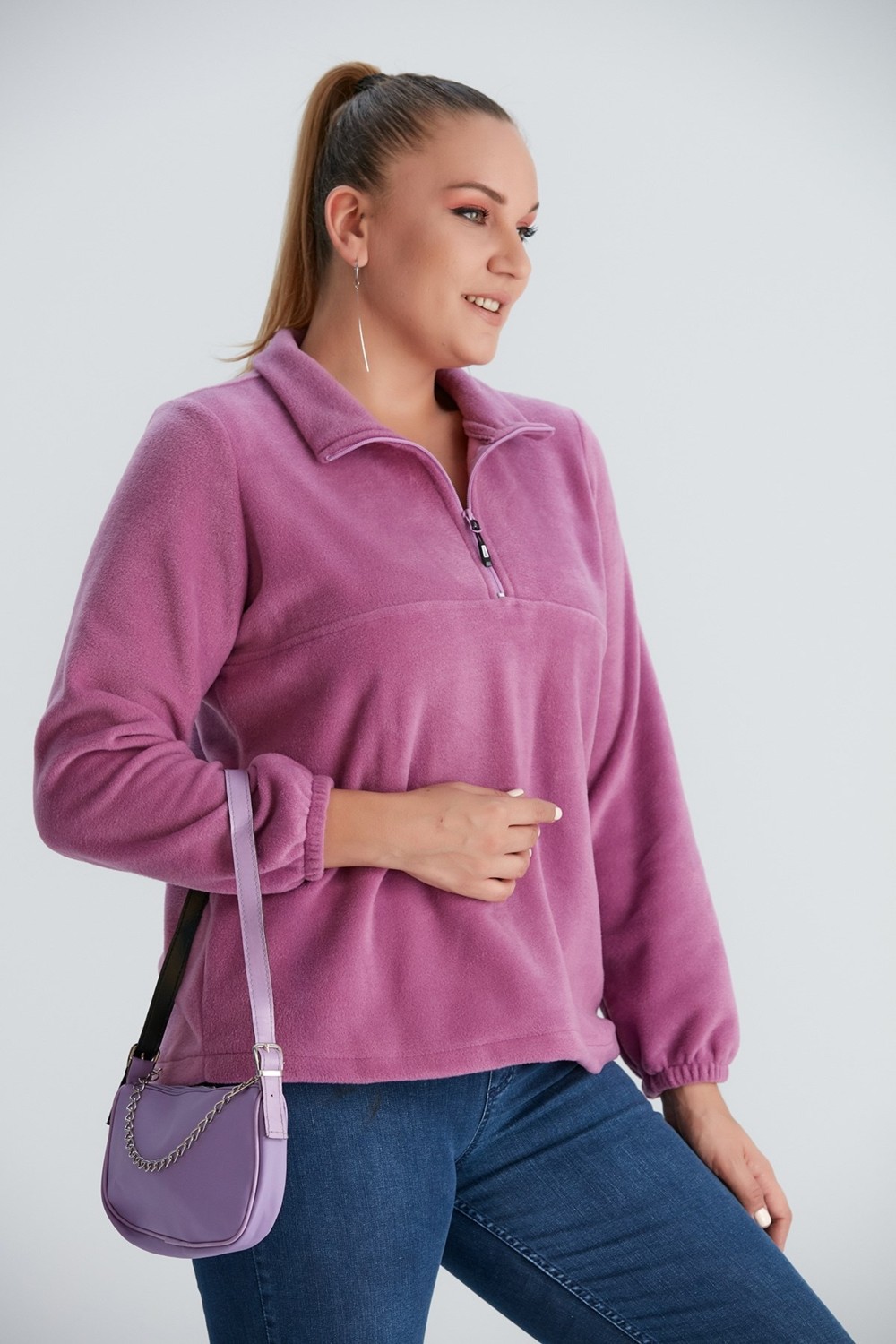 Rmg Kolları Lastikli Büyük Beden Siyah Polar Sweatshirt görsel 7