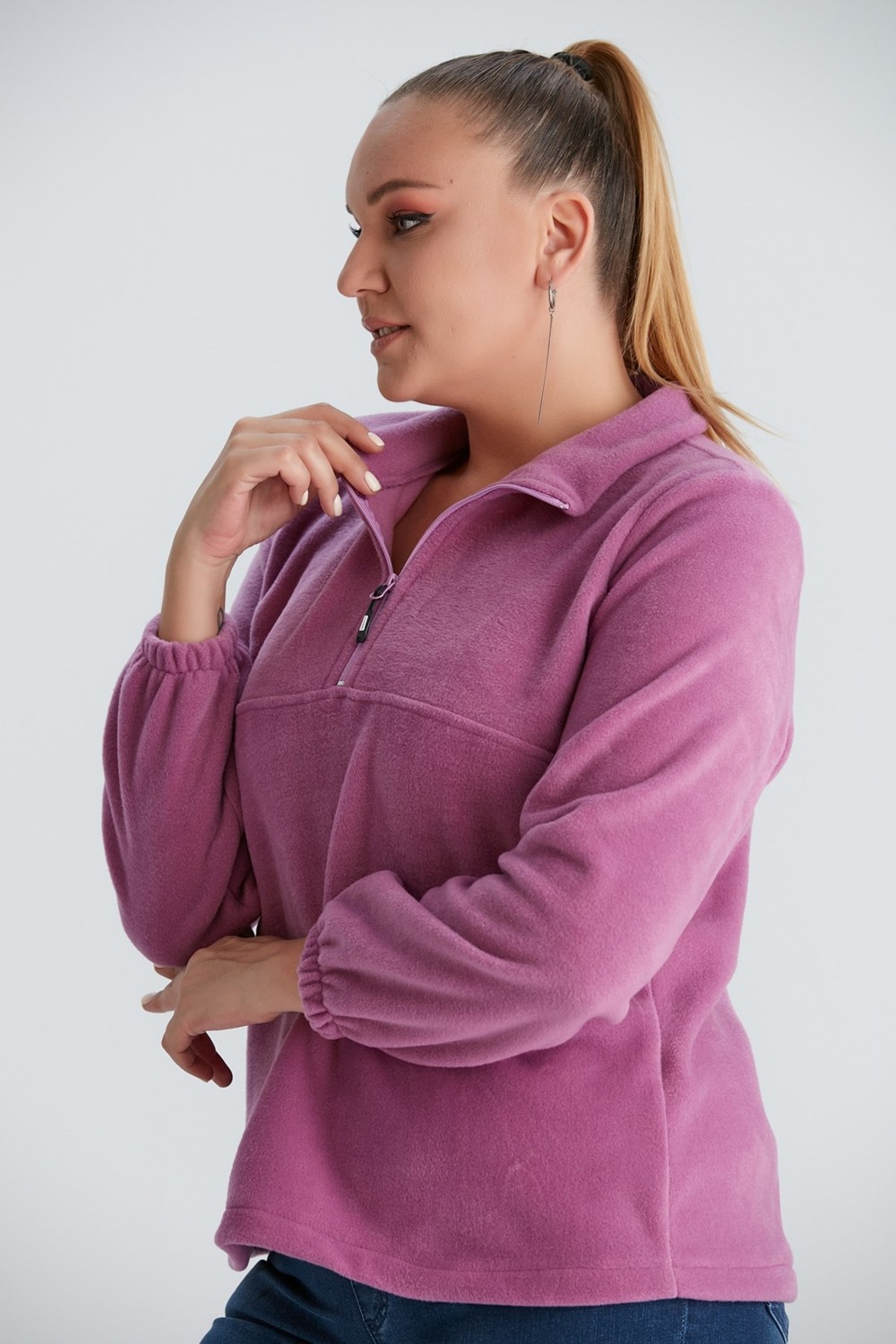 Rmg Kolları Lastikli Büyük Beden Siyah Polar Sweatshirt görsel 8