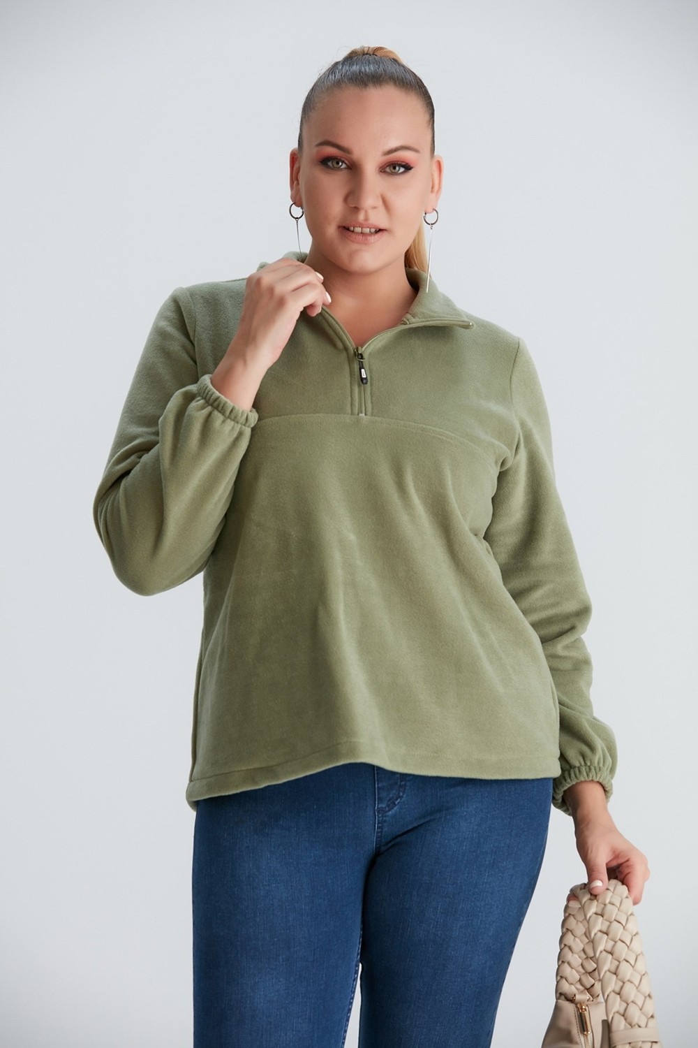 Rmg Kolları Lastikli Büyük Beden Siyah Polar Sweatshirt