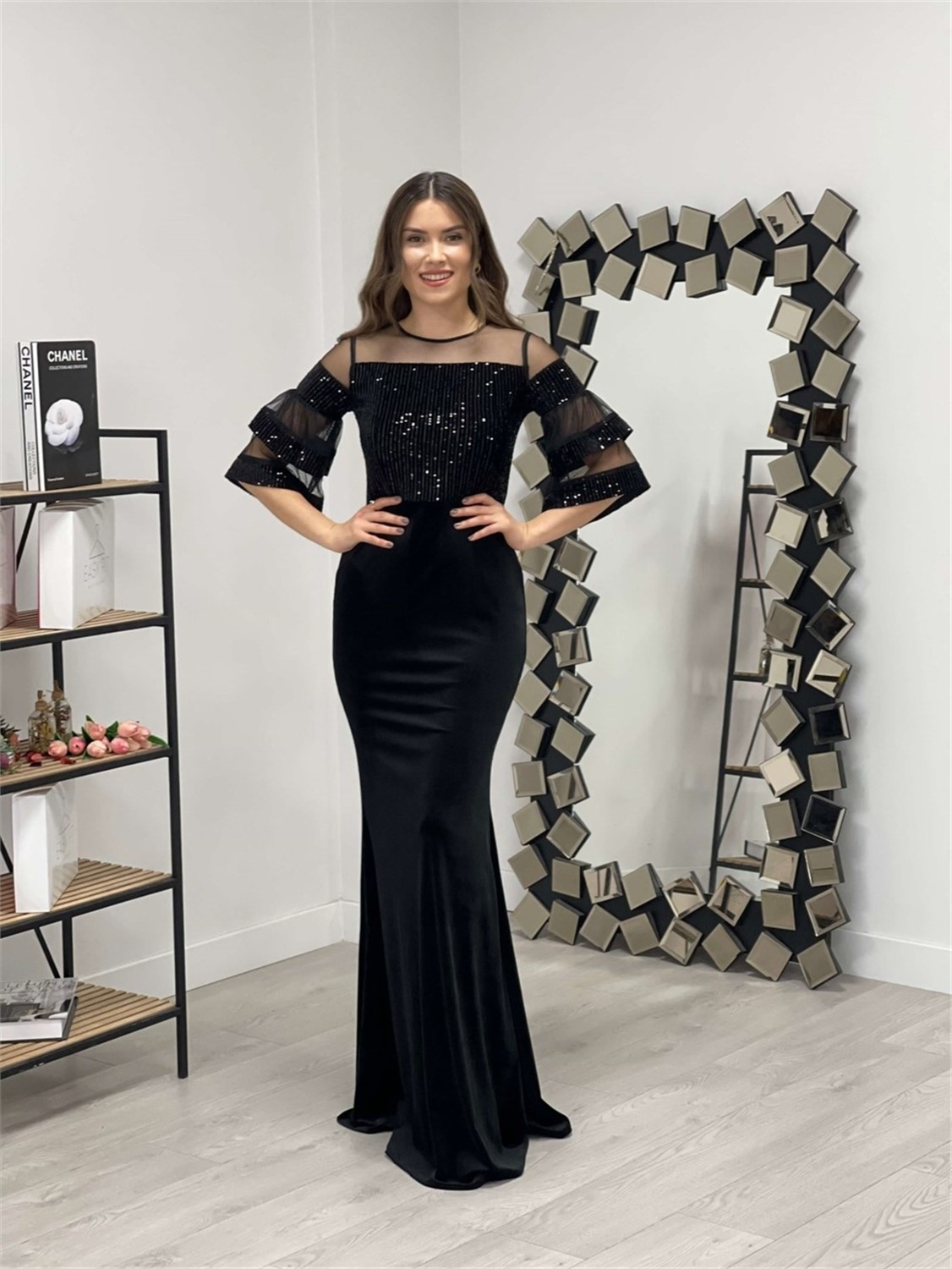 Giyimmasalı Üst Payet Alt Kadife Abiye Elbise - Bronz görsel 3