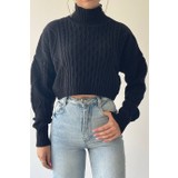 Garmoda Balıkçı Crop Kazak Crop Büstiyer Pamuklu Triko Örgü Kazak Triko Yarasa Kol Kazak Oversize Kazak