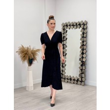 giyimmasalı Ithal Simli Kumaş Kuşak Detaylı Midiboy Elbise - Siyah