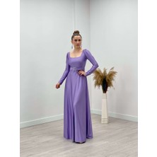 giyimmasalı Ithal Krep Saten Kumaş Kare Yaka Kiloş Elbise - Lila