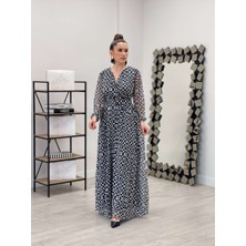 giyimmasalı Tül Kumaş Kare Baskılı Maksi Elbise - Siyah