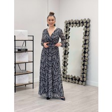 giyimmasalı Tül Kumaş Asimetrik Desen Maksi Elbise - Siyah