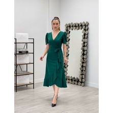 giyimmasalı Crep Kumaş Midi Elbise  - Zümrüt Yeşil