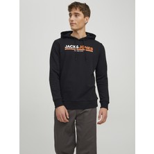 Jack & Jones Frederik Erkek Siyah Baskılı Kapüşonlu Sweatshirt