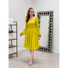 giyimmasalı Şifon Krep Kumaş Kare Yaka Midi Elbise - Sarı