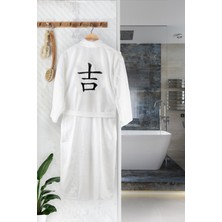 Abaca Kimono Bornoz / Japon Kanji Lucky Siyah Renk Nakış Işlemeli