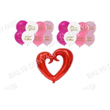Bal10 Dünyası Bride Baskılı Balon ve Ortası Boş Kırmızı Kalp Folyo Balon Seti