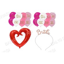 Bal10 Dünyası Bride Baskılı Balon Ortası Boş Kırmızı Kalp Folyo ve Brıde Taç Seti