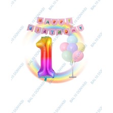 Bal10 Dünyası Gökkuşağı Folyo Balon Happy Bırthday Banner ve Balonlu Balon Standı 1 Yaş