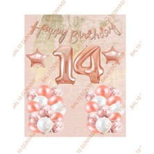 Bal10 Dünyası Happy Bırthday Kaligrafi Banner Yıldızlı Balon Seti 14 Yaş