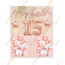 Bal10 Dünyası Happy Bırthday Kaligrafi Banner Yıldızlı Balon Seti 15 Yaş