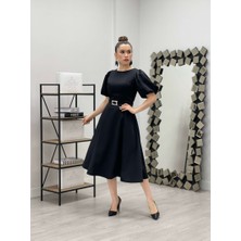 giyimmasalı Saten Kumaş Kemer Detaylı Midi Elbise - Siyah