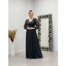 giyimmasalı Simli Kumaş Yakası Büzgü Detaylı Elbise - Siyah