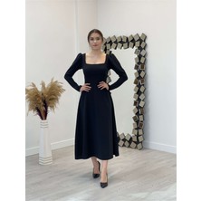 giyimmasalı Krep Kumaş Kare Yaka Midi Elbise - Siyah