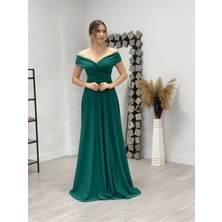 giyimmasalı Kayık Yaka Kiloş Elbise - Zümrüt Yeşil