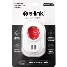 S-Link Sl-09 16A 3500W 1800 Joule 2 USB 2.4A Isıya Duyarlı Devre ve Akım Korumalı Tekli Priz