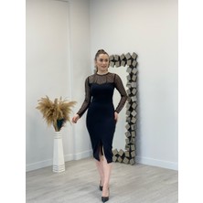 giyimmasalı Scuba Kumaş Puantiye Detaylı Kalem Elbise - Siyah