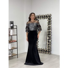 giyimmasalı Üst Payet Alt Kadife Abiye Elbise  - Gümüş