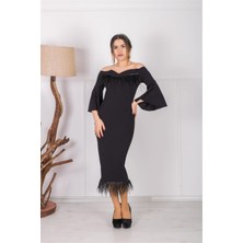 giyimmasalı Krep Kumaş Tüy Detaylı Tasarım Elbise - Siyah