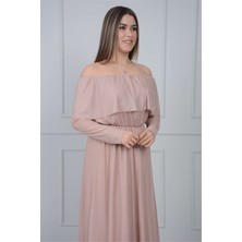 giyimmasalı Tül Üzeri Simli Abiye Elbise - Pudra