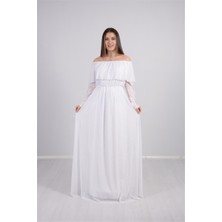 giyimmasalı Tül Üzeri Simli Abiye Elbise - Beyaz