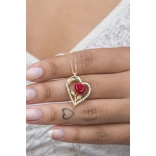 Nereze 925 Ayar Gümüş Gold Kırmızı Gül Kalp Kolye