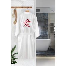 Abaca Kimono Bornoz / Japon Kanji Love Kırmızı Renk Nakış Işlemeli