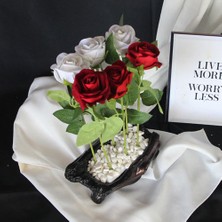 Moryconcept Saksı Özel Model Rose Gölgeli Güller 6 Adet Beyaz Kırmızı Yapay