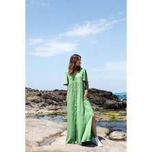 Gils Butik Yırtmaçlı Düğmeli Yeşil Elbise