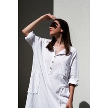 Gils Butik Yırtmaçlı Beyaz Keten Elbise