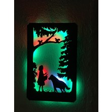 Çakra Kurt ve Kız Temalı LED Işıklı Ahşap Tablo 50X35CM