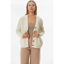 Sementa Düğmeli Saç Örgülü Triko Hırka - Kemik