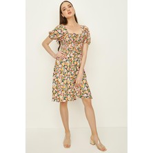 Select Moda Kadın Çiçek Desenli Balon Kollu Gipeli Elbise