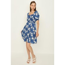 Select Moda Kadın Çiçekli Gipeli Balon Kollu Elbise