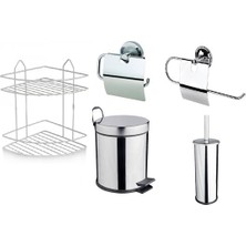 Renk Yapı Rüyası Krom 5lt Çöp Kovası ve 2 Katlı Raf ve Havluluk ve Kağıtlık ve Fırça 5 Takım Set