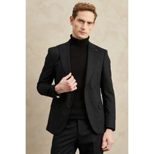 ALTINYILDIZ CLASSICS Erkek Siyah Slim Fit Dar Kesim Kırlangıç Yaka Armürlü Takım Elbise