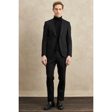 ALTINYILDIZ CLASSICS Erkek Siyah Slim Fit Dar Kesim Kırlangıç Yaka Armürlü Takım Elbise