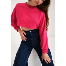 Zechka Fuşya Pamuklu 3 Iplik Örme Crop Sweatshirt (ZCK0557)