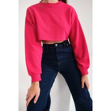 Zechka Fuşya Pamuklu 3 Iplik Örme Crop Sweatshirt (ZCK0557)