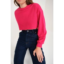 Zechka Fuşya Pamuklu 3 Iplik Örme Crop Sweatshirt (ZCK0557)