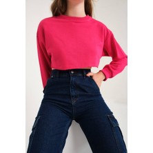 Zechka Fuşya Pamuklu 3 Iplik Örme Crop Sweatshirt (ZCK0557)