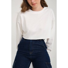 Zechka Ekru Pamuklu 3 Iplik Örme Crop Sweatshirt (ZCK0557)